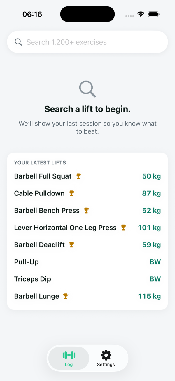 Last session's weight, reps and RPE shown instantly in LastLift
