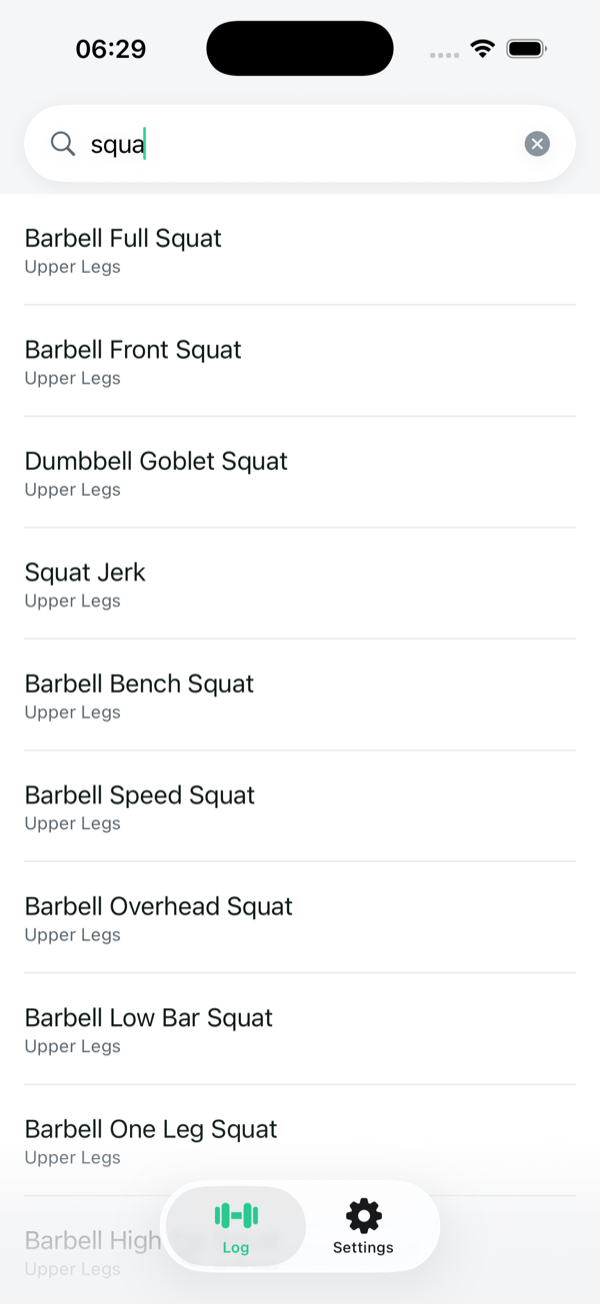 Searching exercises in the LastLift workout tracker for iPhone